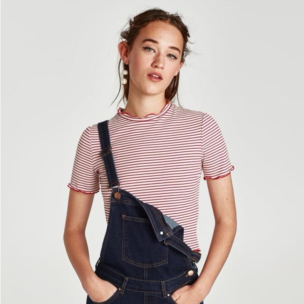 NWT Zara Trafaluc Collection Red & White Striped Lettuce Trim Baby Tee | Size S